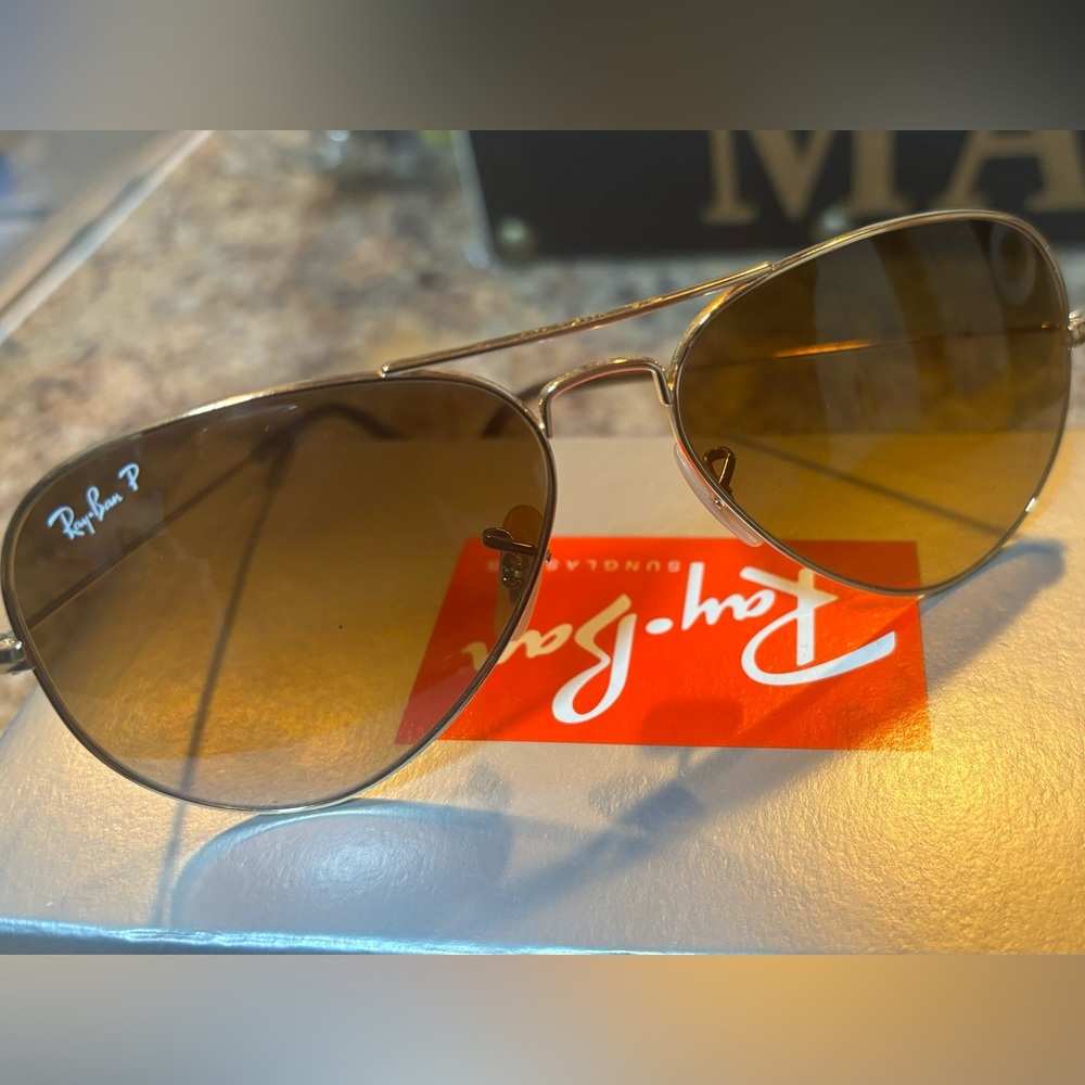 Rayban Aviators. Authentic polarized aviators. Gold frames, brown lenses.